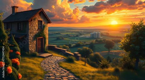 A picturesque view of a stone cottage situated on a hill overlooking a serene rural landscape during a breathtaking sunset. The scene evokes feelings of peace, tranquility, and the simple joys of coun