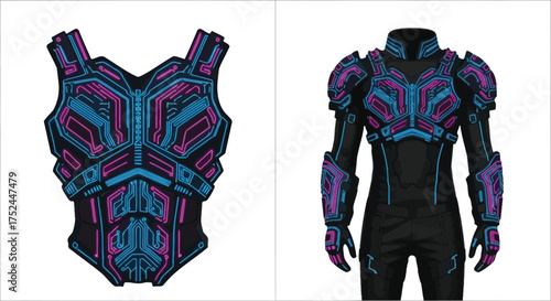 Cyberpunk armor suit with neon blue and pink circuit patterns on a white background display view