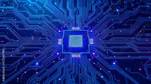This image depicts an abstract and futuristic circuit board, showcasing the intricate network of a motherboard with a central chipset. The design evokes themes of technology, connectivity, and digital