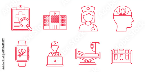 Medical and healthcare line icons set contains such icons as hospital, nurse, pill, bed, watch, doctor, clipboard