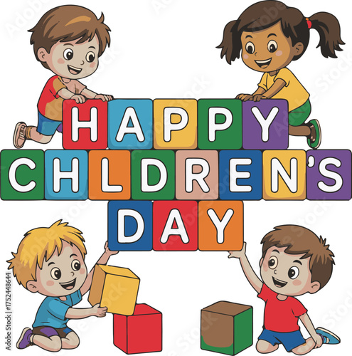 Children Building Blocks Spelling Happy Children's Day Celebration Keywords: children, kids, building