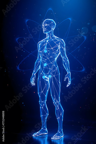 A digital illustration of a human body in a low poly geometric style, overlaid with a diagram of an atom structure. The image is rendered in shades of blue against a dark background
