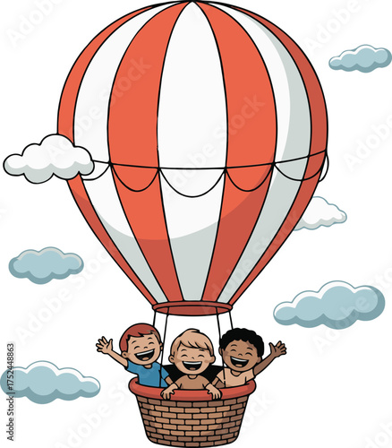 Three Happy Kids Waving from a Hot Air Balloon Basket Keywords: kids, children, boys, happy, smiling