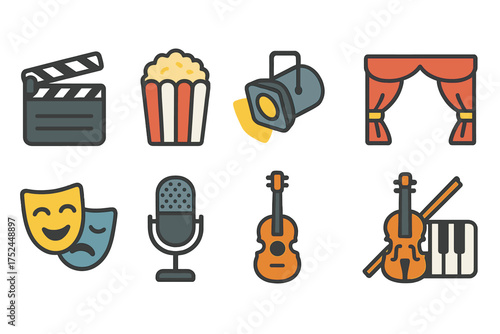 Entertainment, arts flat icon set. theater, music and movie flat style collection