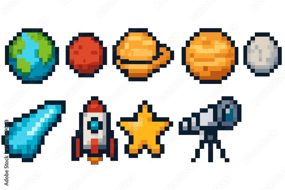 Fototapeta premium Pixel space icon set. pixelated space exploration, astronomy icons collection