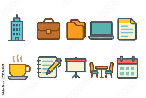 Office and workspace flat icon set. business, productivity, tools flat vector collection.