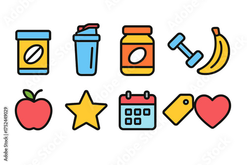 Health and fitness flat icon set. nutrition, exercise, wellness icons collection