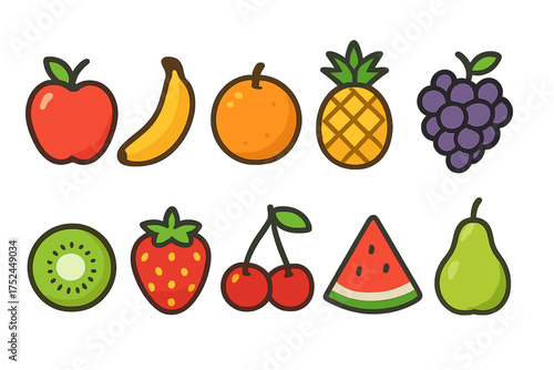 Fruit flat icon set. juicy, healthy fruits collection with colorful flat design.