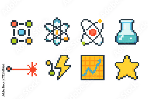 Science, chemistry pixel art icon set. laboratory, experiments pixel icons collection