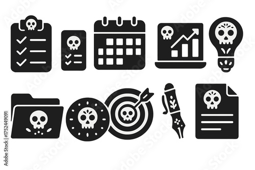 Business risks icon set. skull, strategy, finance, targets line style collection