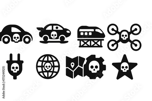 Vehicle, transportation silhouette icon set. cars, trains, drones silhouette collection