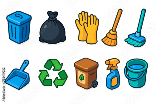 Cleaning tools, sanitation icon set. essential flat hygiene symbols collection.