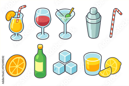 Cocktail, beverage flat icon set. bar drinks, alcoholic icons for menus and parties