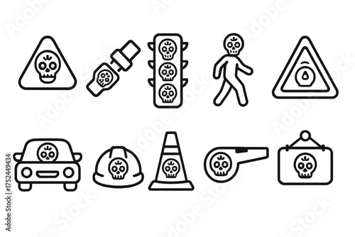 Halloween, road safety outline icon set. spooky traffic signs, signals collection