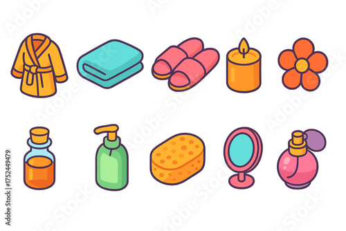 Bath and spa flat icon set. relaxation, wellness, essentials in a colorful collection.