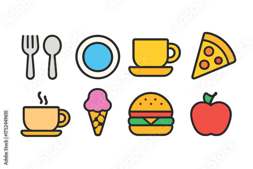 Food and drink outline icon set. kitchenware and snack icons collection.