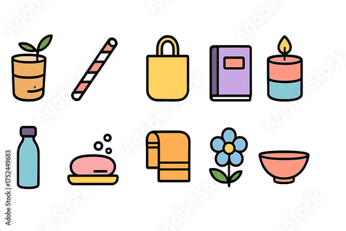 Eco-friendly lifestyle icon set. sustainable living, flat design icons, zero waste elements.