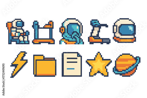 Pixel art space icon set. retro, cosmic, astronaut icons in 8-bit style