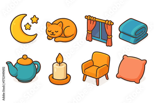 Home comfort outline icon set: cozy sleep, relaxation, and restful night essentials