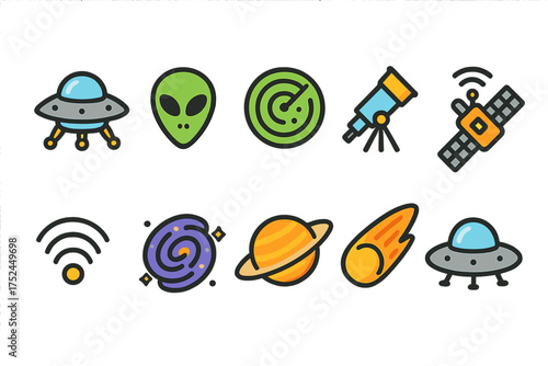 Space exploration icon set. alien, spaceship, telescope icons in flat style