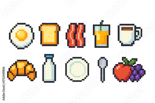 Breakfast food pixel icon set. eggs, coffee, croissant pixel art collection
