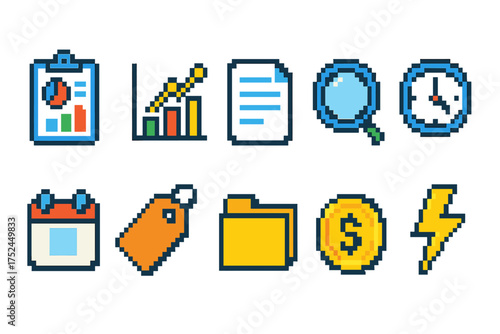 Business and finance icon set. pixel art, flat style office tools collection