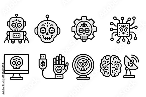 Dia de los muertos linear icon set. mexican skull, robot, technology line icons.