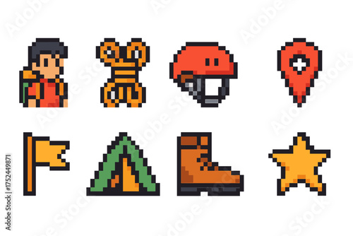 Outdoor adventure pixel icon set. hiking, camping, nature pixel style collection