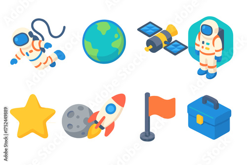 Space exploration filled icon set. astronaut, planet, satellite, space travel icons.