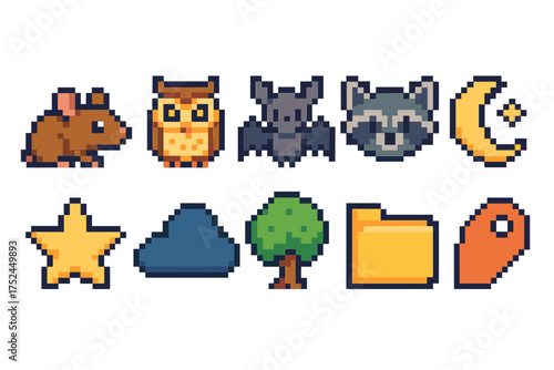 Pixel, animal and nature icon set. cute pixelated icons collection for creative projects
