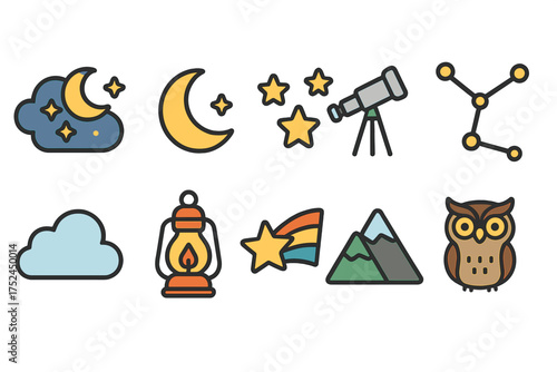 Astronomy and nature outline icon set. sky, constellation, and adventure symbols collection
