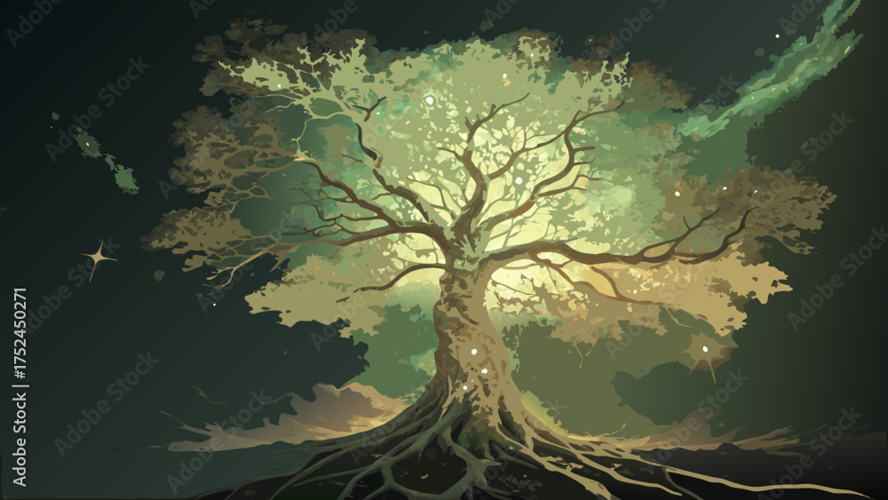 Fototapeta premium Artistic tree of life painting nature landscape illustration fantasy forest magical treescape fine art print design