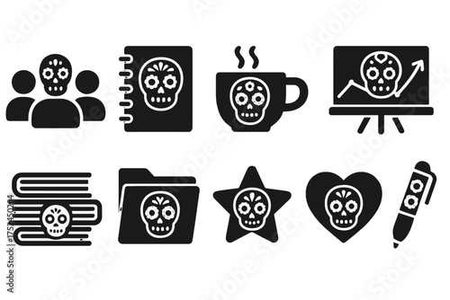 Day of the dead, dia de los muertos silhouette icon set. festive halloween symbols.