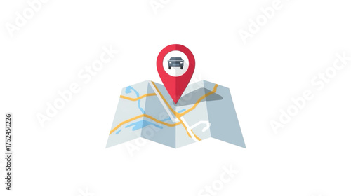 Simple Flat Design Car Navigation Pointer on Folded Map Illustration