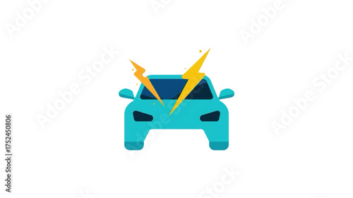 Flat Style Minimalist Electric Automobile with Lightning Bolt Energy Icon