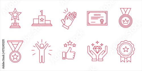 A set of linear icons representing achievement, recognition, and success, highlighting awards and positive feedback