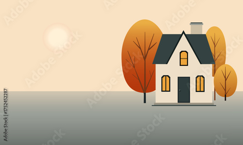  Autumn landscape. House with an attic surrounded by trees at midday.