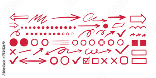 Set of red handdrawn arrow and mark elements, includes various shapes, directions, and styles for design use