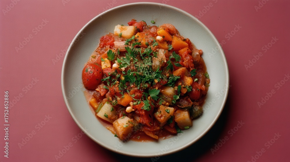 Fototapeta premium Ratatouille Dish Sits on a Plate With Tomatoes and Parsley Sprinkled On Top, Ready To Eat
