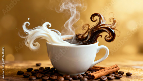 A steaming coffee cup with swirling milk and coffee magically floating in the air, surrounded by beans and cinnamon sticks on a warm golden background