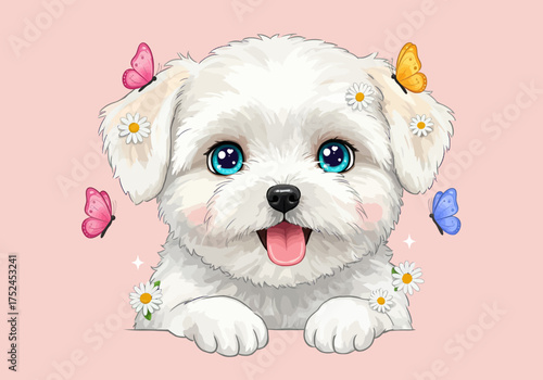 Cute White Puppy with Blue Eyes and Butterflies Illustration.