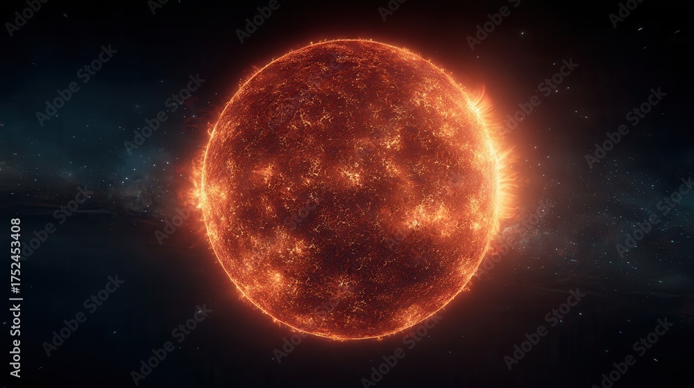Fototapeta premium Fiery Orange Sun Glows Powerfully Against a Dark Backdrop of Space and Distant Stars