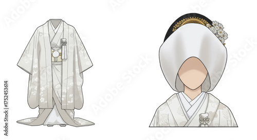 Traditional Japanese Wedding Attire White Kimono and Headpiece Illustration