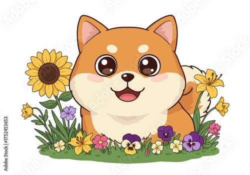 Adorable Shiba Inu Puppy Surrounded by Colorful Flowers Illustration.