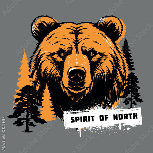 Illustration print for rugged men is T-shirt with bear head and inscription spirit of north in vector