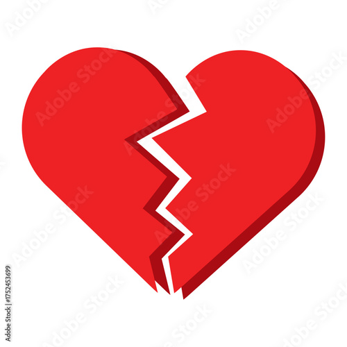 Red Heart broken to two pieces vector illustration icon or logo, broken heart concept, breakup or divorce, heartbreak regret, separated couple, tragic love. Simple flat broken Red Heart Emoji. EPS 10