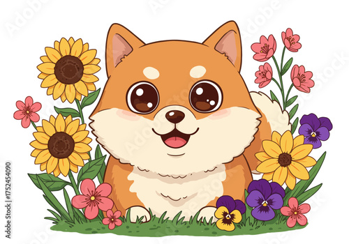 Cartoon Shiba Inu Dog Surrounded by Colorful Flowers Illustration.