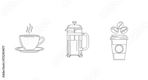 Illustration of coffee cup french press and to go cup with coffee beans