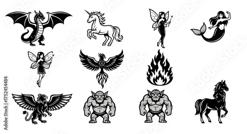 Illustrations of mythical creatures in black and white drawings