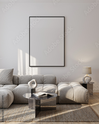 Modern Living Room Poster Frame Mockup with Natural Light and Minimalist Decoration. 3D render.